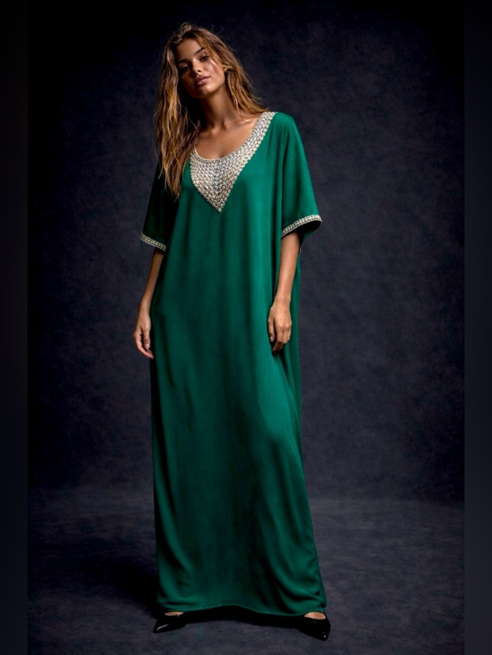 Luxury Caftan Boho Luxe Chiffon Caftan Beaded Neckline Maxi Dress